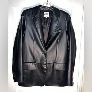 ZARA Vegan Faux Leather Blazer Black Long Sleeve Size XS.